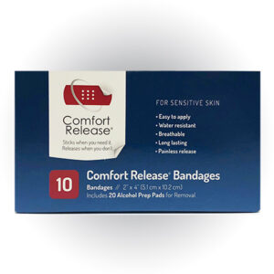 Waterproof Comfort Release two inch bandage kit with painless removal activated by alcohol